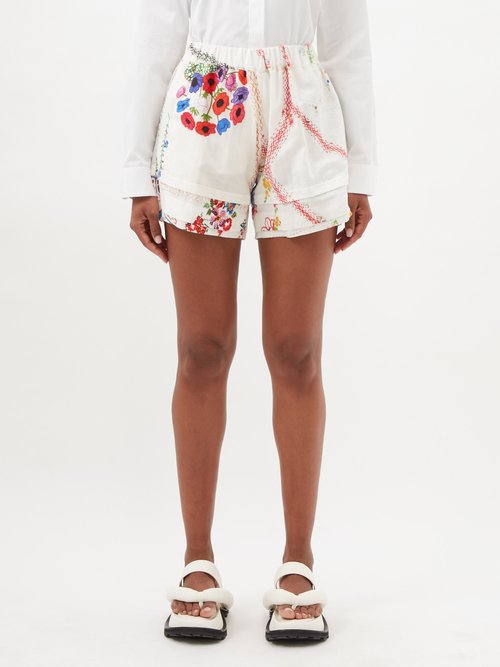 By Walid Sienna Vintage Patchworked-linen Shorts In White Multi