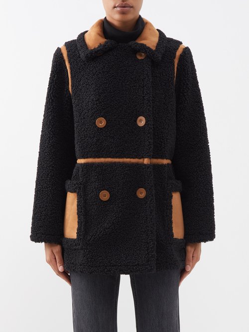 Stand Studio - Chloe Double-breasted Faux-shearling Jacket Black Tan
