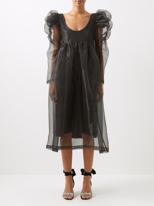 Kika Vargas Chiara Puff-sleeve Silk-blend Midi Dress In Black | ModeSens