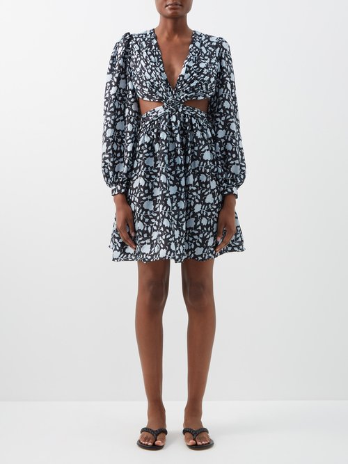 Hannah Artwear Mia Cutout Swirl-print Silk-habotai Mini Dress In Black Print