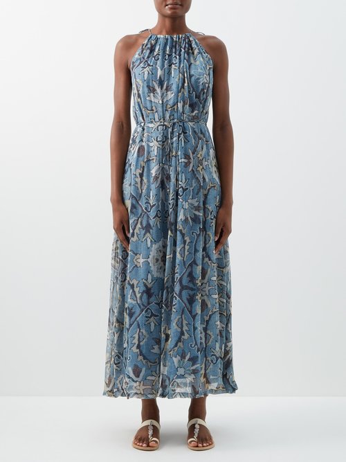 Hannah Artwear Serena Savitri-print Chiffon Dress In Blue Print