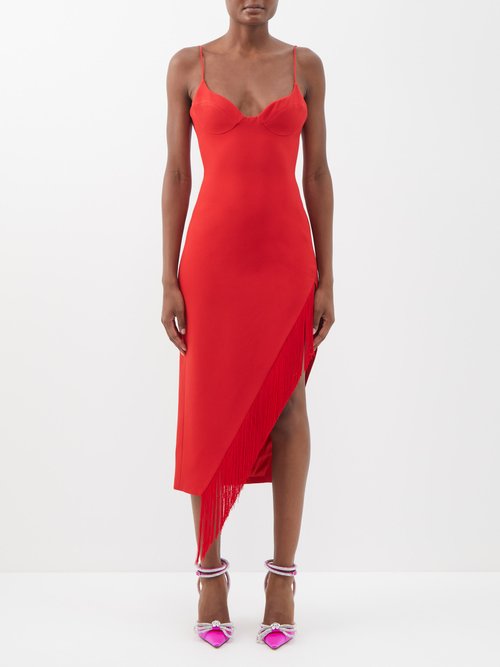 David Koma - Fringed Asymmetric Jersey Dress Red