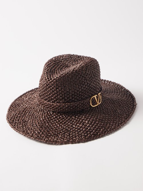 Valentino Garavani V-logo Crocheted Raffia Hat In Brown