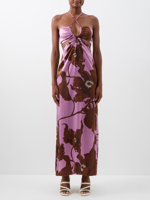 Johanna Ortiz - City Of Spices Floral-print Silk Halterneck Dress Brown Multi
