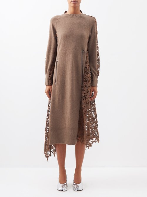 Asymmetric Lace-inset Wool Knitted Dress