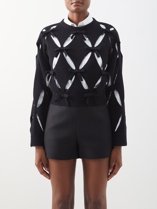 Valentino - Bow-appliqué Cutout Wool Cropped Sweater Black