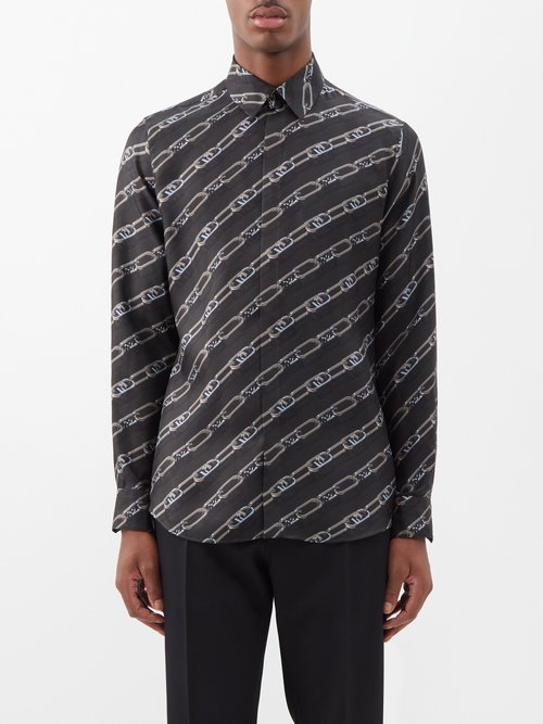 Fendi O'lock-print Silk-twill Shirt In Grigio | ModeSens