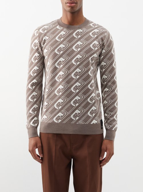 Fendi - O'lock-intarsia Wool Sweater - Mens - Dark Brown
