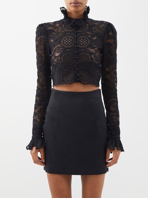 High-collar Stretch-lace Cropped Top