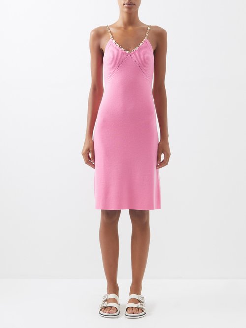Paco Rabanne - Chain-trimmed Ribbed-knit Slip Dress Bright Pink