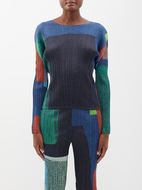 Pleats Please Issey Miyake Colour-block Printed Technical-pleated Top
