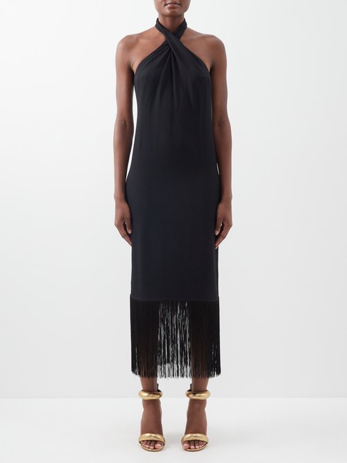 Taller Marmo - Merengue Halterneck Fringed Silk-blend Dress Black