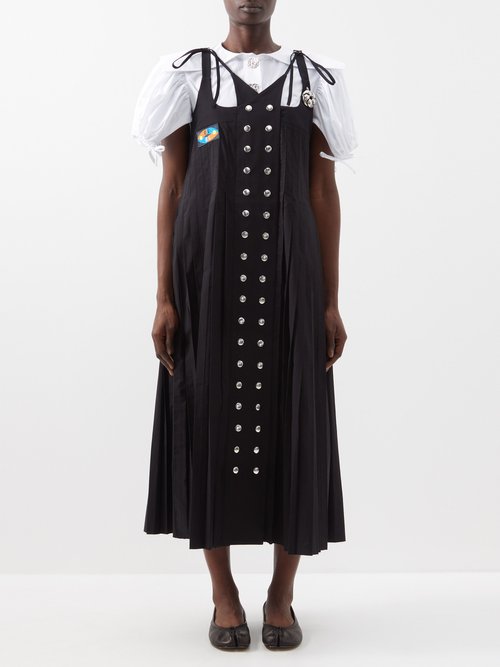 Chopova Lowena - Logo-patch Pleated Twill Midi Dress - Womens - Black