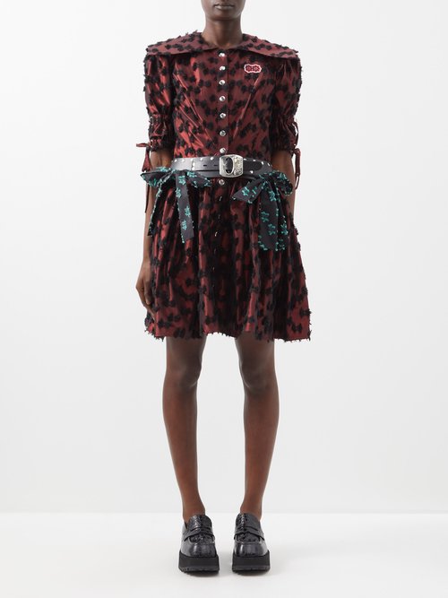 Chopova Lowena - Fil Coupé-floral Belted Taffeta Mini Dress - Womens - Red Black
