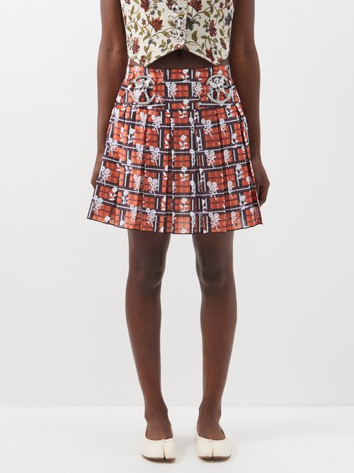 Chopova Lowena - Freezing Flocked Tartan-print Pleated Mini Skirt - Womens - Orange Multi