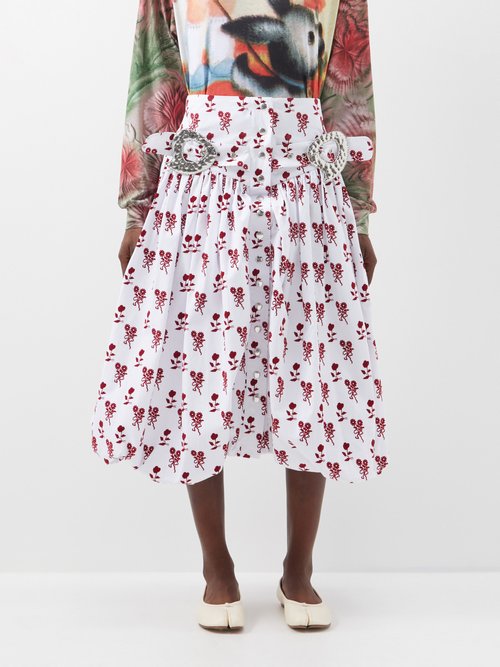 Chopova Lowena - Flocked-florals Buckled Cotton Midi Skirt - Womens - White Red