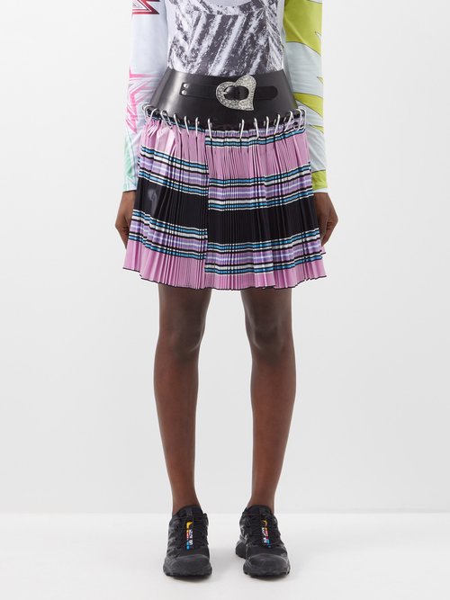 Chopova Lowena - Leather-belt Check-print Pleated Mini Skirt - Womens - Black Multi