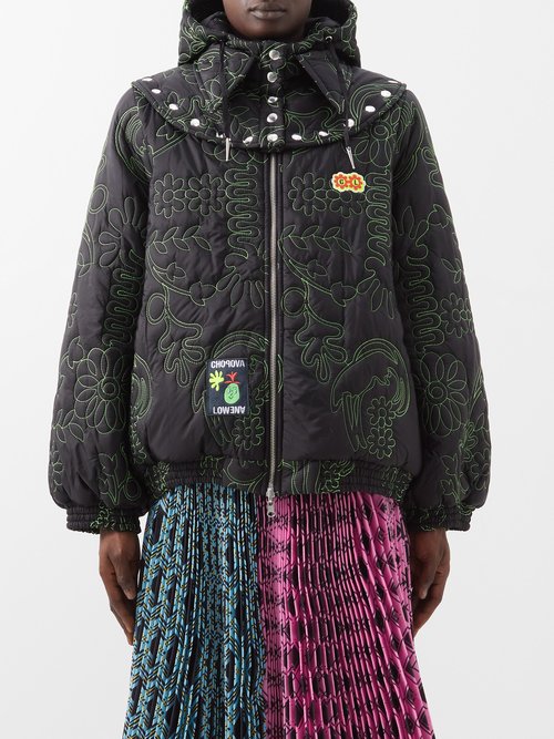 Chopova Lowena - Reversible Floral-embroidered Padded Coat - Womens - Black Green