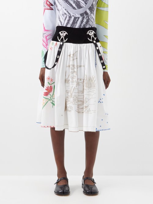Chopova Lowena - Embroidered Gathered Cotton Midi Skirt - Womens - White Multi