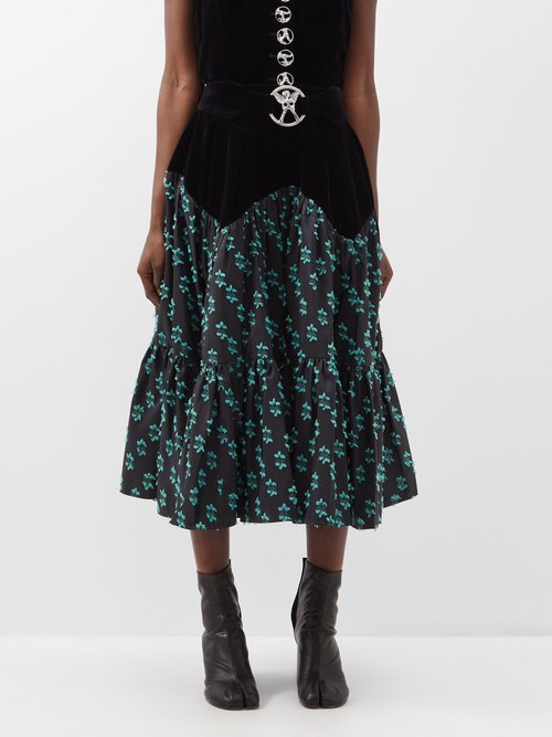 Chopova Lowena - Petal-embellished Velvet-panel Midi Skirt - Womens - Black Multi