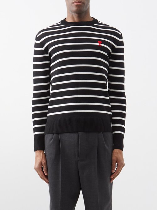 Ami - Ami De Caur-logo Striped Wool Sweater - Mens - Black White