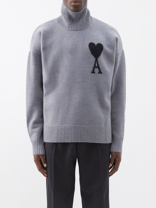 Ami - Ami De Caur-logo Roll-neck Wool Sweater - Mens - Grey