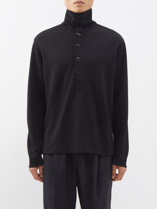 Lemaire - Buttoned High-neck Jersey Sweater - Mens - Black