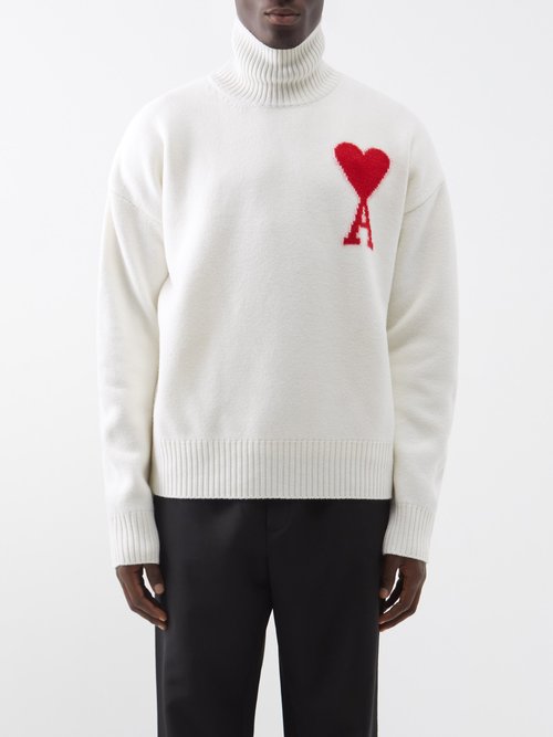 Ami - Ami De Caur-logo Wool Roll-neck Sweater - Mens - White