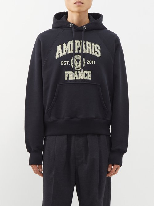 Ami - Logo-print Organic-cotton Hooded Sweatshirt - Mens - Black