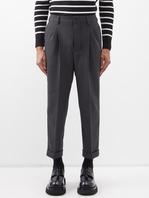 Ami - Pleated Twill Trousers - Mens - Dark Grey