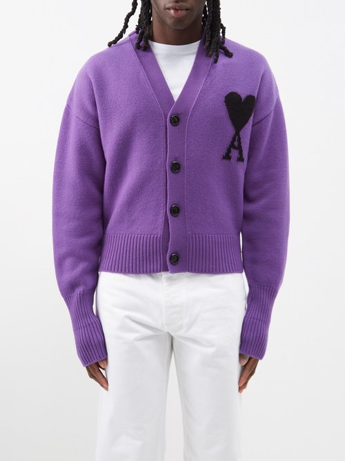 Ami - Ami De Caur-embroidered Wool Cardigan - Mens - Purple