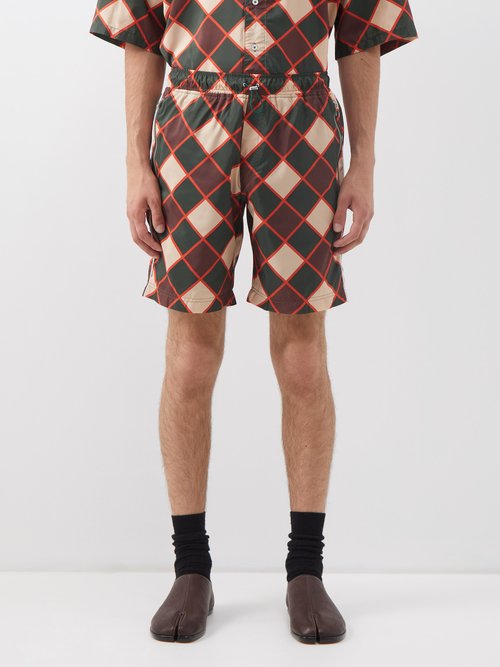 Ahluwalia Check-print Recycled-shell Shorts In Green Multi