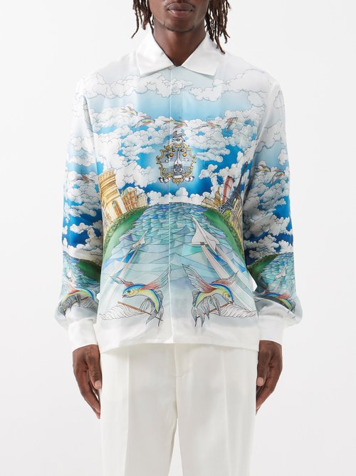 Cuban-collar Silk-print Shirt