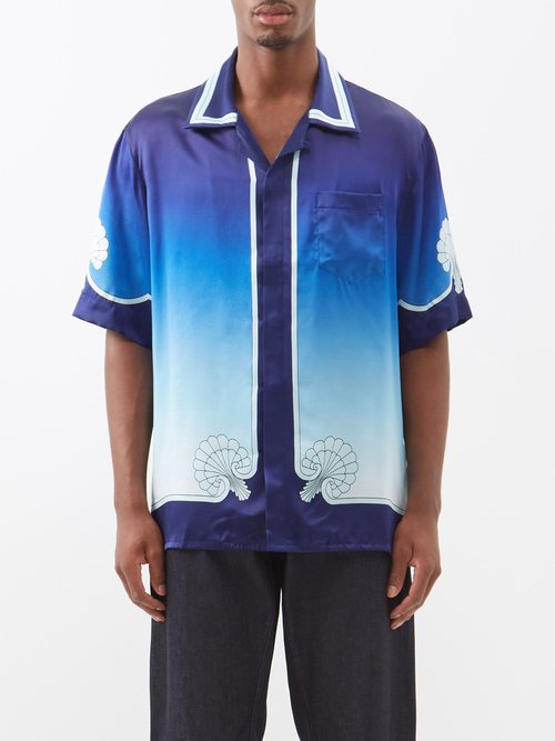 Cuban-collar Printed Silk Short-sleeved Shirt