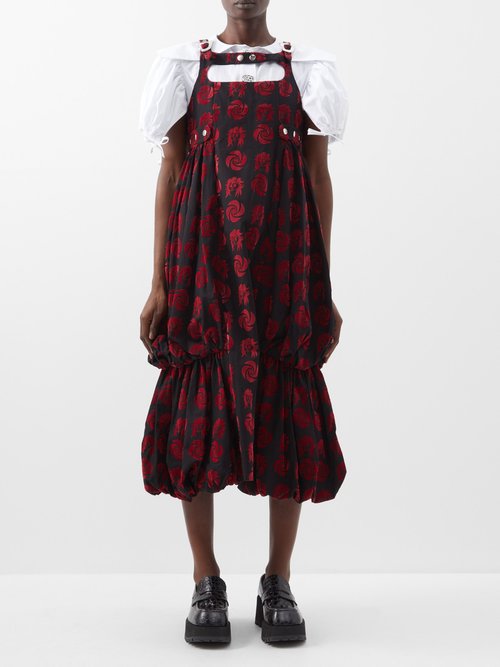 Chopova Lowena - Harness-fastening Flocked Cotton Midi Dress - Womens - Black Red