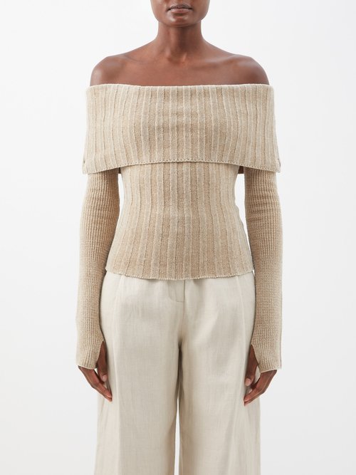 Jacquemus - Duci Off-the-shoulder Ribbed Chenille Sweater Dark Beige