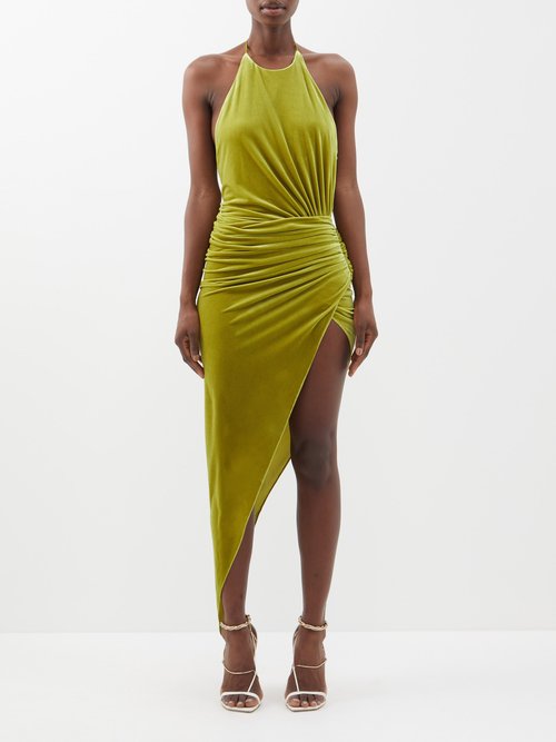 Buy Alexandre Vauthier - Gathered Asymmetric-hem Velour Dress Green online - shop best Alexandre Vauthier clothing sales