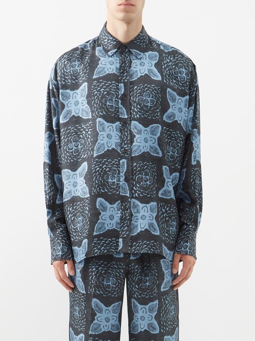 commas - sundial floral-print silk-blend twill shirt mens blue navy