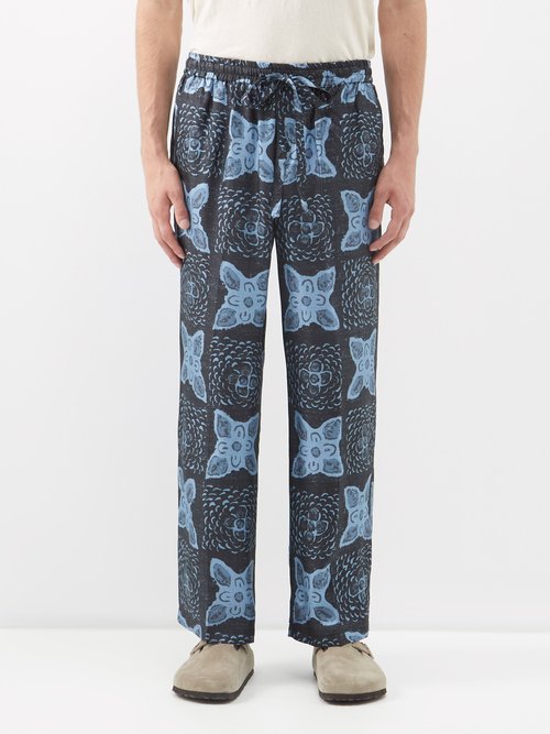 commas - sundial floral-print silk-blend twill trousers mens blue navy