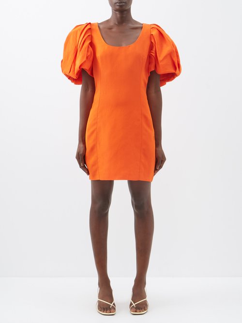 Frame - Puff-sleeve Scoop-neck Slubbed-poplin Mini Dress Orange