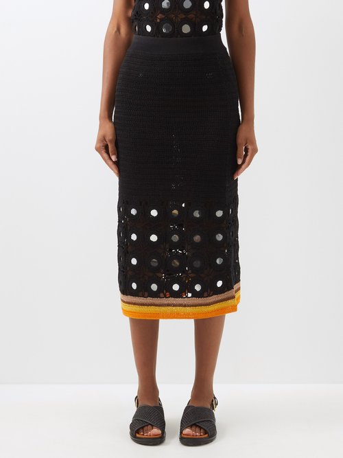 Wales Bonner - Marimba Mirror-embellished Cotton-crochet Skirt Black Multi