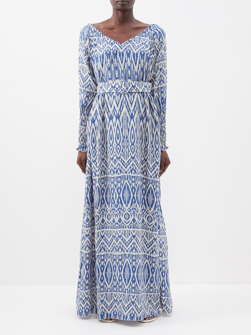 Marta Ferri Duomo Geometric-print Silk Maxi Dress In Blue Print