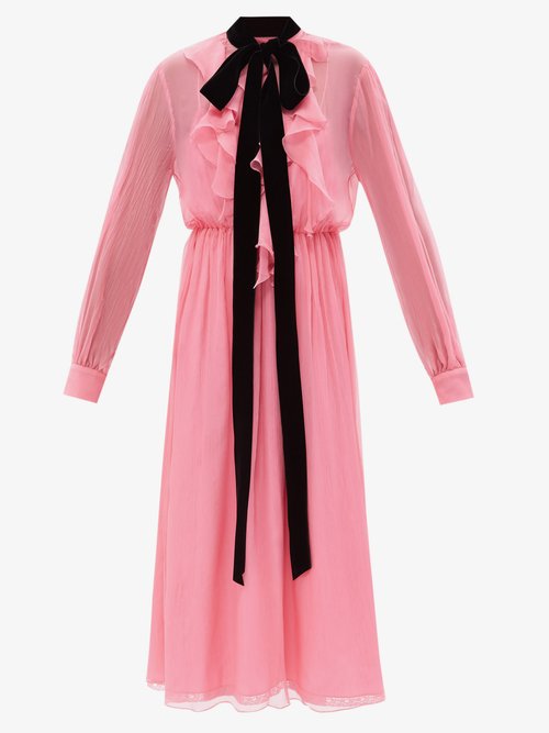 Gucci - Velvet-ties Silk-chiffon Midi Dress - Womens - Pink