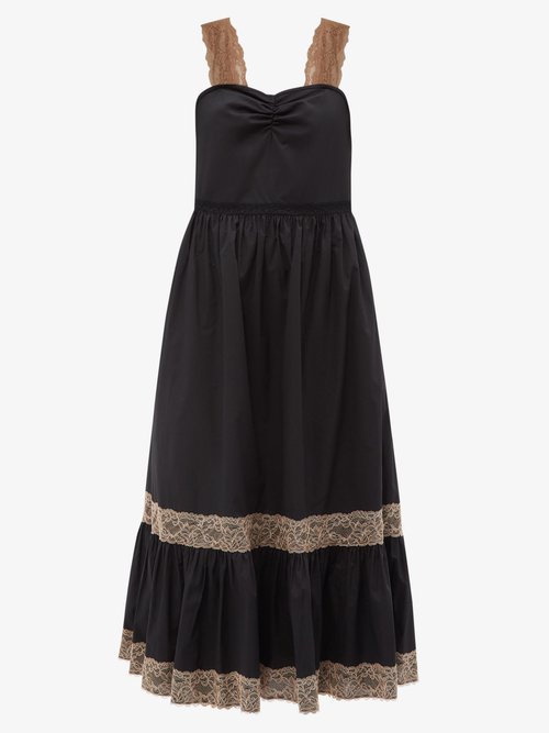Gucci - Lace-trimmed Cotton-muslin Midi Dress - Womens - Black
