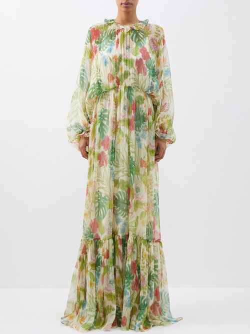 Gucci Floral-print Silk-blend Dress In Green Multi | ModeSens