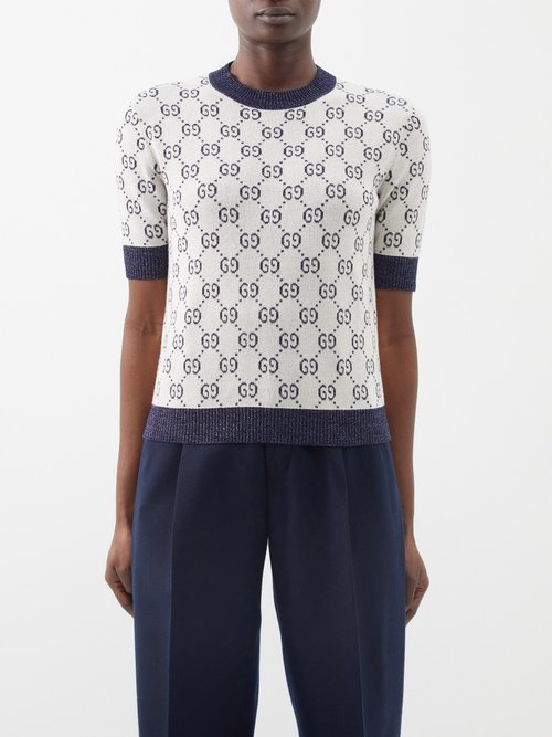 Gucci - monogram-jacquard Short-sleeved Jumper - Women - Wool/Polyamide/Spandex/Elastane - L - Blue