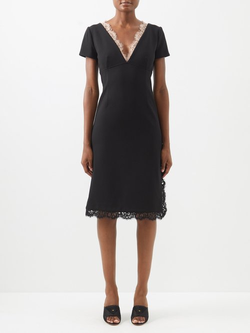 Gucci – Lace-trimmed V-neck Crepe Dress Black