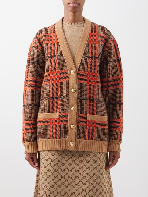Gucci - Reversible Check & Gg-jacquard Wool-blend Cardigan Brown Multi