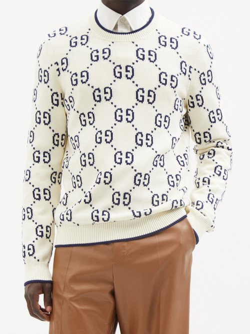 Gucci - GG-intarsia Cotton Sweater - Mens - Ivory Multi