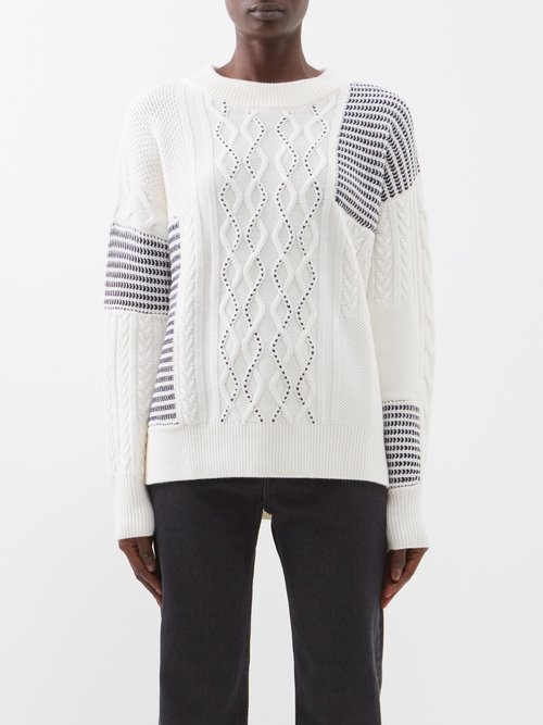 La Ligne - Patchwork Merino Cable-knit Sweater Cream Navy